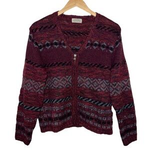 St John’s Bay Vintage Zip Up V-neck Wool Acrylic Purple Black & Gray Sweater S/M
